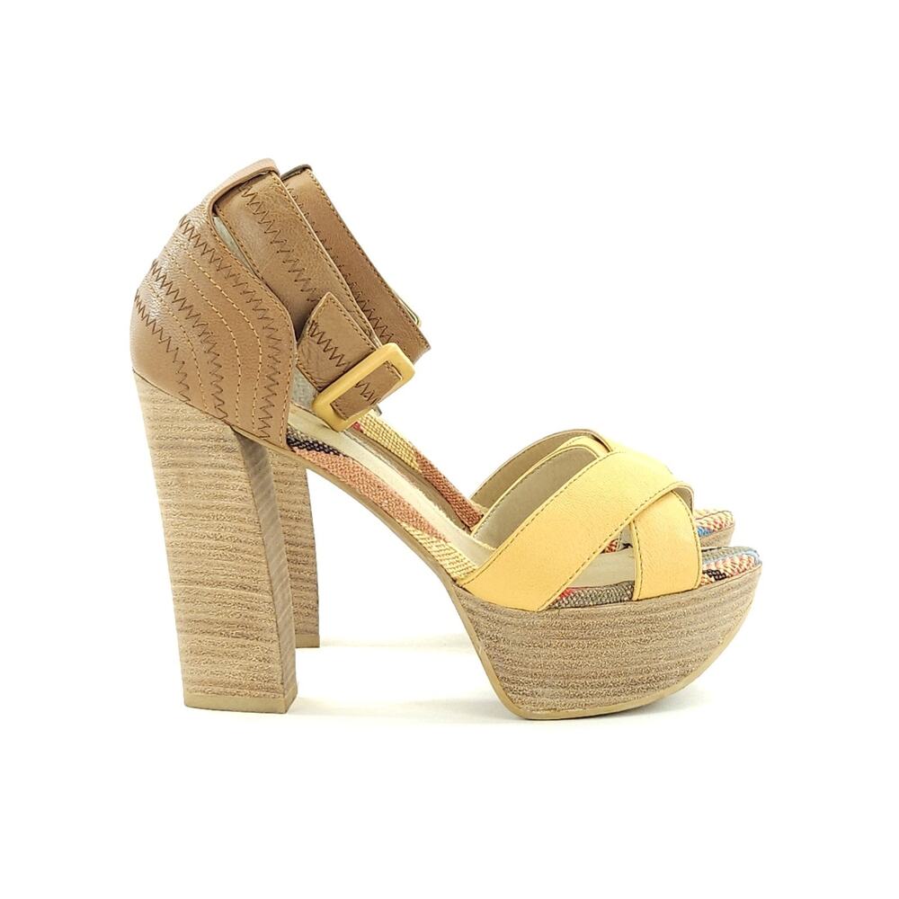 Vtg Levity Platform Heels 6.5 Yellow Chunky Sky‎ High Boho Y2K 70s Retro 5" READ